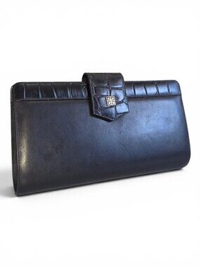 Givenchy Vintage Black Croc-Trim Leather Clutch with Logo Tab